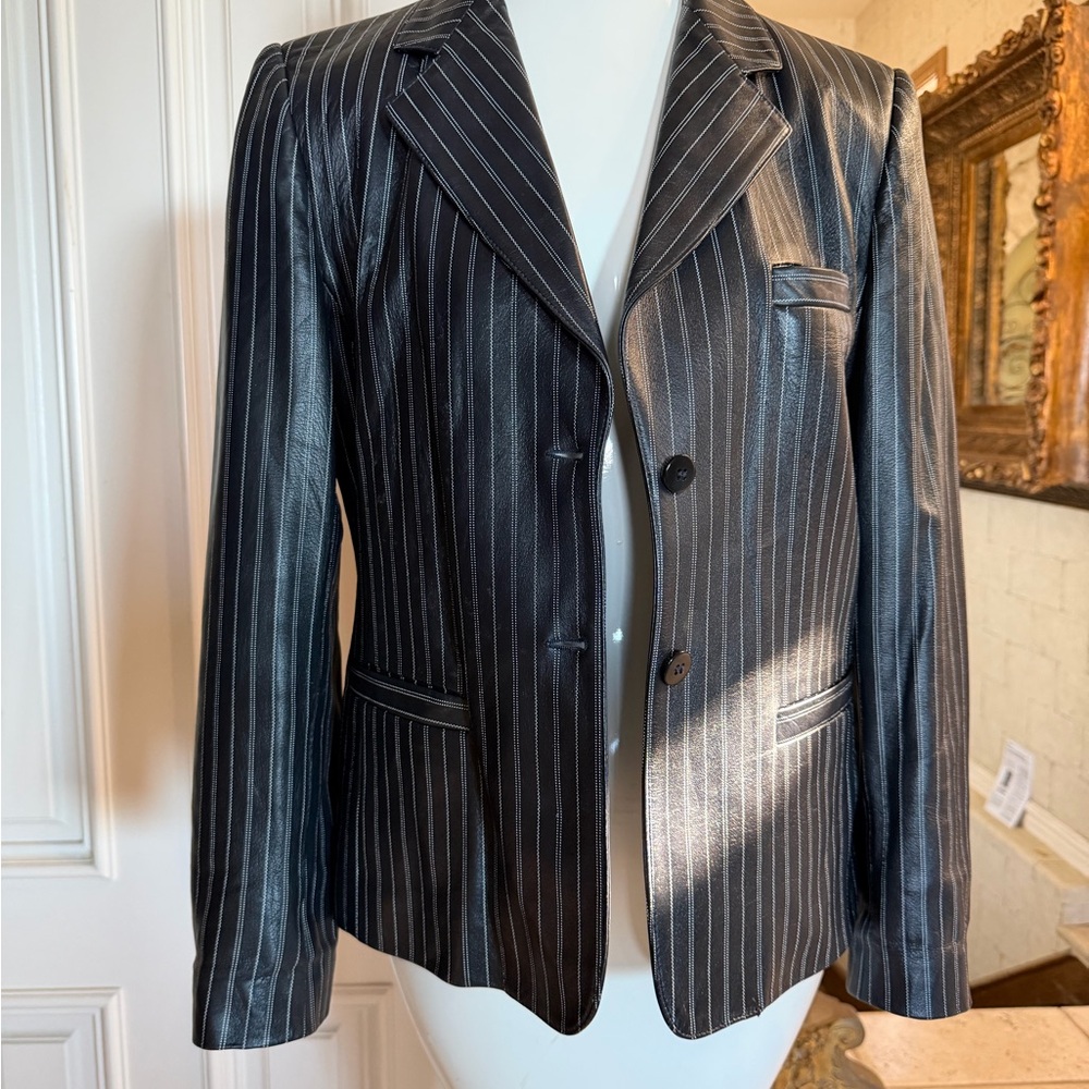Armani Collezioni Black Pinstripe Leather Jacket - Picture 9 of 9